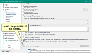 Trados Studio screenshot showing a pop-up message 'Looks like you checked this option...' with a list of checked options in the background.