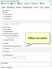 Trados Studio Community Advanced Display Filter window showing segment filtering options with a focus on 'Filters on users' section.