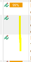 Screenshot of Trados Studio showing a segment with a 99% match score highlighted in orange, with a yellow vertical line indicating an issue where the score should be displayed for the following segments.