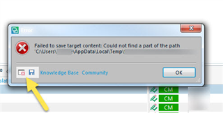 Error message window in Trados Studio showing 'Failed to save target content: Could not find a part of the path C:UsersAppDataLocalTemp'. A yellow arrow points to the disc icon.