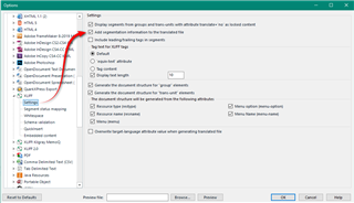 Trados Studio settings window showing XLIFF file options with 'Generate target translations' checked and 'Include formatting tags in segmented text' unchecked.