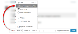 Dropdown menu with options including 'Link', 'Insert imagevideofile', 'Insert Poll', 'Insert emoticon', 'Anchor', 'Horizontal line', 'Special character'. An arrow points to 'Insert imagevideofile'.
