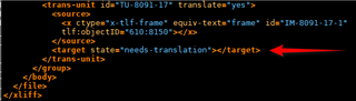 Screenshot of Trados Studio segment with source tag only and target state set to 'needs-translation', indicated by a red arrow.