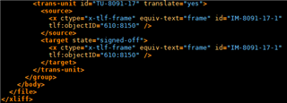 Screenshot of Trados Studio segment with source and target tags present and target state set to 'signed-off'.