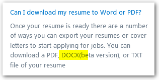 Screenshot of a FAQ section with the question 'Can I download my resume to Word or PDF?' Highlighted options for download formats include PDF, DOCX (beta version), and TXT.