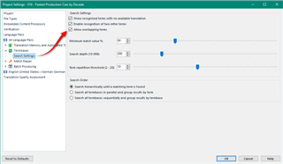 Trados Studio project settings dialog box with 'Allow overlapping terms' option highlighted in the Term Recognition section.
