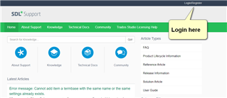 SDL Support webpage with an arrow pointing to 'Login here' button at the top right corner. An error message is displayed: 'Cannot add item a termbase with the same name or the same setting already exists.'