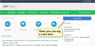 SDL Support webpage with an arrow pointing to 'Log a Case' button. User is logged in as 'Paul Filkin'. Below are listed previous cases with their respective IDs and titles.