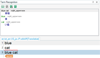 Trados Studio Term Recognition window correctly displaying all three recognized terms 'blue', 'cat', and 'blue cat' with red overlines in English translation segment.