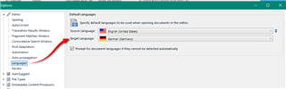 Trados Studio Options window showing Language settings with a red arrow pointing to the Target Language dropdown menu set to German (Germany).