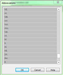 Screenshot of Trados Studio's Abbreviations window showing a list of abbreviations such as VII., VIII., Vol., Vols., Vo., Vd., W., X., XI., XII., Zrt., Akr., followed by a dot.
