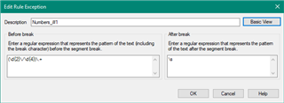 Screenshot of Trados Studio's 'Edit Rule Exception' dialog box with a regular expression entered for before and after break.