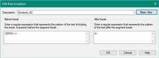 Screenshot of Trados Studio's 'Edit Rule Exception' dialog box with a different regular expression entered for before and after break.