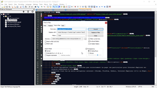 Screenshot of Trados Studio software showing a Find and Replace dialog box with options for search mode, direction, and scope. The background displays lines of code with highlighted text.