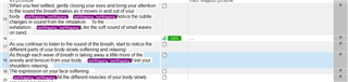Trados Studio interface showing wrapped text in the source column with segments incorrectly split, causing formatting issues in the target .docx file.