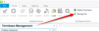 Trados Studio Termbase Management window with an arrow pointing to the 'Reorganize' button in the toolbar.