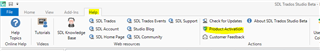 Trados Studio interface showing the Help tab highlighted with options including Product Activation and DeactivateActivate.