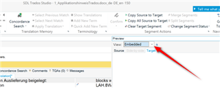 Trados Studio screenshot showing the Preview dropdown menu with 'Embedded' selected and a red arrow pointing towards the option.