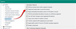 Trados Studio Options menu with Editor settings expanded showing Automation options. Highlighted option 'Apply match after successful lookup'.