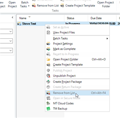 Context menu in Trados Studio with 'Remove from List' option highlighted for a project named 'Steve Test' with a due date of 10072019 15:00.