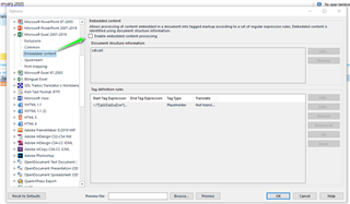 Trados Studio Options menu with File Types selected, showing settings for an Excel file type with a warning about embedded content.