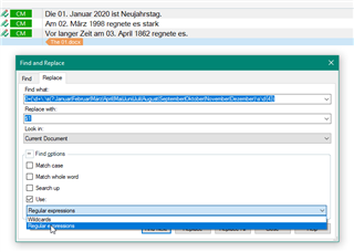 Trados Studio Search and Replace dialog box with Regex pattern entered in 'Find what' field and '$1' in 'Replace with' field, 'Regular expressions' option selected.