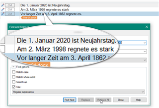 Highlighted text in Trados Studio document showing dates in '01. Jan' format before using 'Replace All' function with Regex.