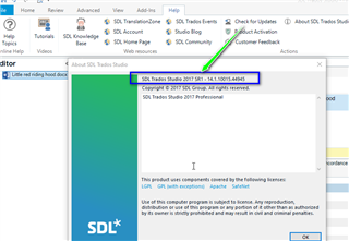 Screenshot of Trados Studio showing the 'About' section with the version number 2017 SR1 14.1.10016.54755 highlighted.