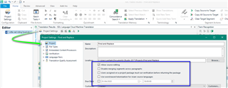 Screenshot of Trados Studio project settings with the 'Enable editing source' option highlighted in the 'Editor' tab.