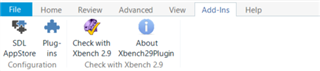Screenshot of Trados Studio ribbon with 'Check with Xbench 2.9' and 'About XbenchPlugin' options in the Add-Ins tab.