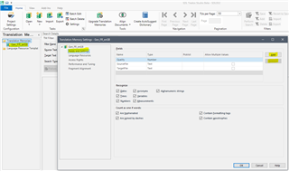 Screenshot of Trados Studio showing the Translation Memories page with a right-click context menu open and 'Settings' option highlighted.