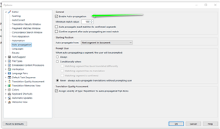 Trados Studio settings window showing Auto-propagation section with options for enabling, minimum match value, and propagation settings.