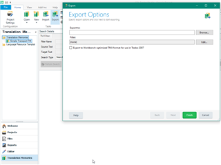 Trados Studio Export Options window showing no errors, with options to export to file path and checkbox for 'Export to MultiTerm XML format for use in Trados 2007'.