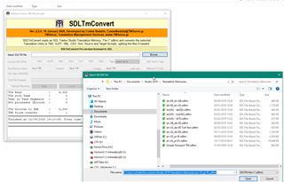 SDLTMConvert tool window overlaid on Trados Studio with a message 'TM has been successfully converted', and a file explorer window showing various file types including .sdltm and .tmx.