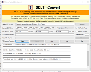 Screenshot of Trados Studio SDLTMConvert tool with an error message stating 'Conversion Failed - Could not ReadWrite TM data.'