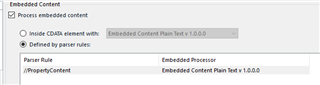 Screenshot of Trados Studio's embedded content processing settings with options for CDATA element and parser rules.