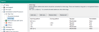 Screenshot of Trados Studio's inline tag options with examples of opening and closing patterns and their tag types.