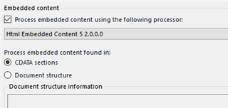Screenshot of Trados Studio's 'Embedded content' settings with 'Html Embedded Content 5.2.0.0' processor selected for 'CDATA sections'.