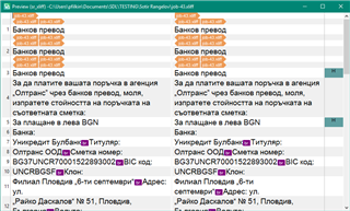 Preview window in Trados Studio displaying a bilingual file with source and target text, showing neat alignment and break tags inline.