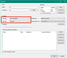 Edit Rule dialog in Trados Studio with 'Tag type' set to 'Structure' for the 'br' parser rule to handle break tags.