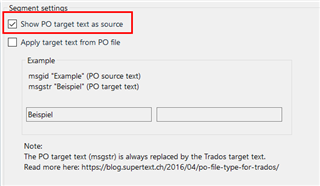 Trados Studio segment settings dialog box with 'Show PO target text as source' checkbox ticked.