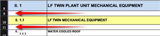 Screenshot showing Trados Studio interface with two red arrows pointing to items in a list, indicating potential issues with 'LF TWIN PLANT UNIT MECHANICAL EQUIPMENT' and 'LF TWIN MECHANICAL EQUIPMENT'.