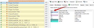 Trados Studio Advanced Display Filter dialog with CCT filter applied, showing a list of content types including Page Number and Classification. An arrow points to the 'Copy source to target' option.