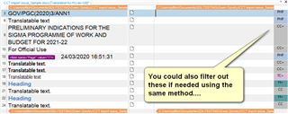 Trados Studio interface with a comment suggesting to filter out content using the same method as previously described. The comment is pointing to a section of the text labeled 'Translatable text'.