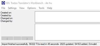 SDL Trados Translator's Workbench window showing a successful import message with 56522 TUs read in 45 seconds, 22023 updated, 54163 added, 0 invalid.