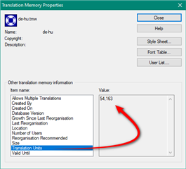 Screenshot of Trados Studio's Translation Memory Properties window showing the number of items imported, highlighted with a red arrow pointing to the value 54,163.