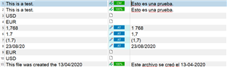 Screenshot of Trados Studio showing a pre-translation comparison with numbers recognized correctly but acronyms not detected, alongside a message explaining acronym handling in translations.