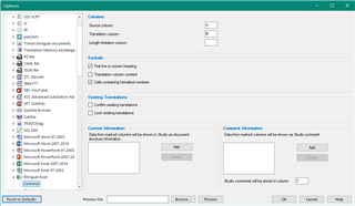 Trados Studio screenshot showing the File Type Identifier options with fields for Source column and Target column under the Bilingual Excel settings.