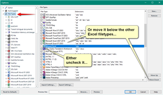 Trados Studio screenshot showing File Types options with an arrow pointing to 'Microsoft Excel 2007-2013' and a warning message suggesting to either uncheck it or move it below other Excel file types.