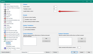 Trados Studio options menu with Bilingual Excel file type settings. A red arrow points to the 'Target column' field.